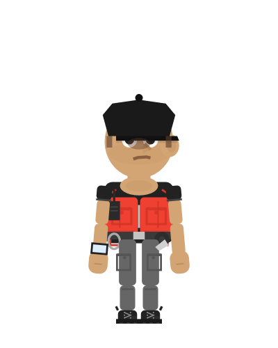 Ralphie the Cameraman - Assignment Desk mascot standing in his signature red vest, cargo pants, and boots
