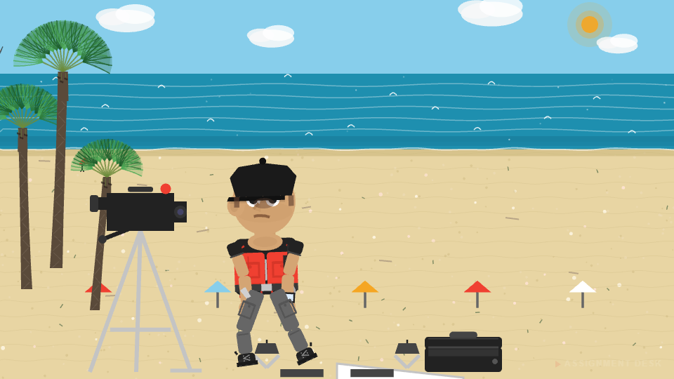 Ralphie gaff-taping cables on the beach while a pigeon watches