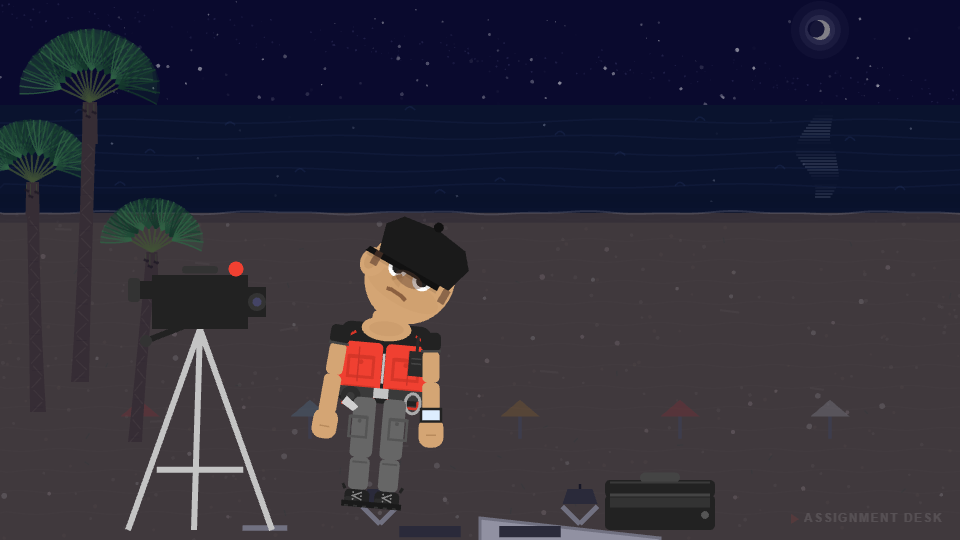 Ralphie stargazing on the beach at night, camera and equipment silhouetted