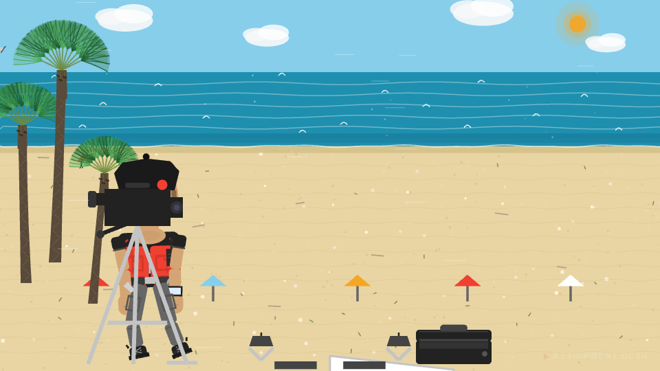 Wind gust blows across the beach set, equipment shifting