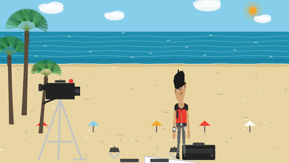 Ralphie surveys his completed setup on the beach with quiet pride
